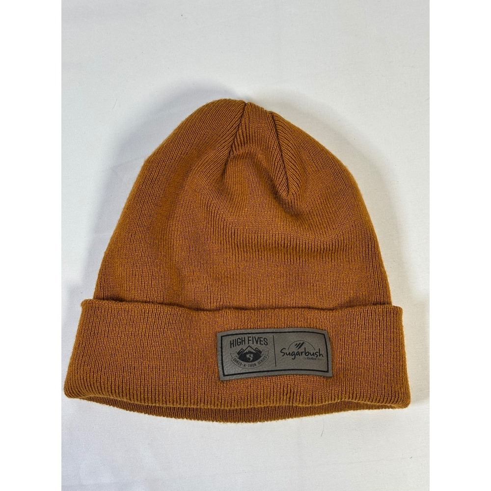 High Fives Sugarbush Beanie Knit Ski Hat Mustard Brown Cuffed Winter Cap